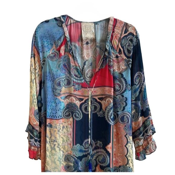 Johnny Was Boho Embroidered V-neck Tunic Floral and Geometric Scarf Print Sz M - Picture 5 of 5